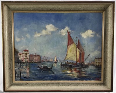 Lot 148 - English School (circa 1950), oil on canvas, Venetian scene with gondolas and other vessels, 
initialled, in painted frame, 37 x 47cm