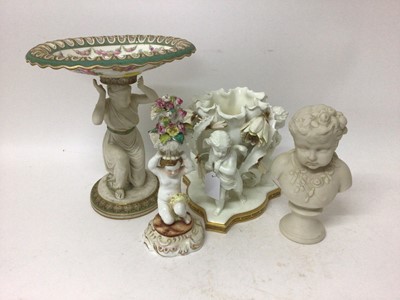 Lot 12 - Group of Victorian figures including a Parian bust of Spring, a centrepiece, a Moore figural vase, and a kneeling cherub (4)