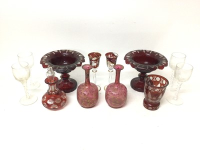Lot 13 - Group of cranberry glass, including a pair of pedestal dishes, together with a set of four wine glasses