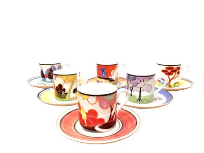 Lot 1109 - Set of six limited edition Cafe Chic Wedgwood Clarice Cliff coffee cans and saucers - May Avenue, Red Tree, Blue Firs, Windmill, Summerhouse and Autumn, all boxed with certificates