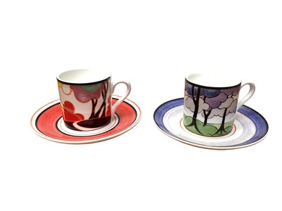 Lot 1109 - Set of six limited edition Cafe Chic Wedgwood Clarice Cliff coffee cans and saucers - May Avenue, Red Tree, Blue Firs, Windmill, Summerhouse and Autumn, all boxed with certificates