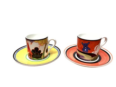 Lot 1109 - Set of six limited edition Cafe Chic Wedgwood Clarice Cliff coffee cans and saucers - May Avenue, Red Tree, Blue Firs, Windmill, Summerhouse and Autumn, all boxed with certificates