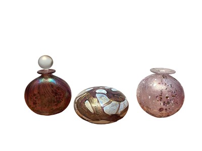 Lot 1111 - Three pieces of Isle of Wight glass to include a scent bottle, a vase and a paperweight