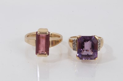 Lot 753 - Amethyst and diamond ring together with a pink tourmaline ring (2)