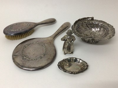 Lot 23 - Unusual novelty Dutch silver pepperette in the form of a lady, Dutch silver bon-bon basket, continental silver 830 standard pin dish and a continental silver 90l standard mirror and brush
