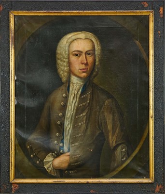 Lot 1323 - English School, 18th century, oil on canvas - Portrait of a Gentleman in wig and brown coat, dated 1735 verso and indistinctly inscribed, 76cm x 64cm, in gilt and ebonised frame