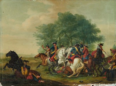 Lot 1309 - Continental School, mid 18th century, oil on panel - Cavalry Battle bearing signature L. Bakhuizen and date 1747, unframed 41.5cm x 55cm