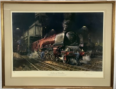 Lot 283 - Terence Cuneo, signed print of steam train ' Duchess of Hamilton' framed and glazed