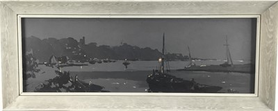 Lot 168 - Vic Ellis RSMA oil on board - Harbour at Night, signed, 30cm x 92cm, framed