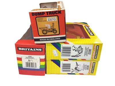 Lot 215 - Britains Autoway No. 9832 post hole digger, No. 9830 mini trailer, No. 9536 rear mountain digger (x2) plus 9670 dump truck, all boxed (5)