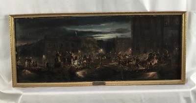 Lot 77 - H James 19th century oil of stage coaches, 21cm x 51cm, framed