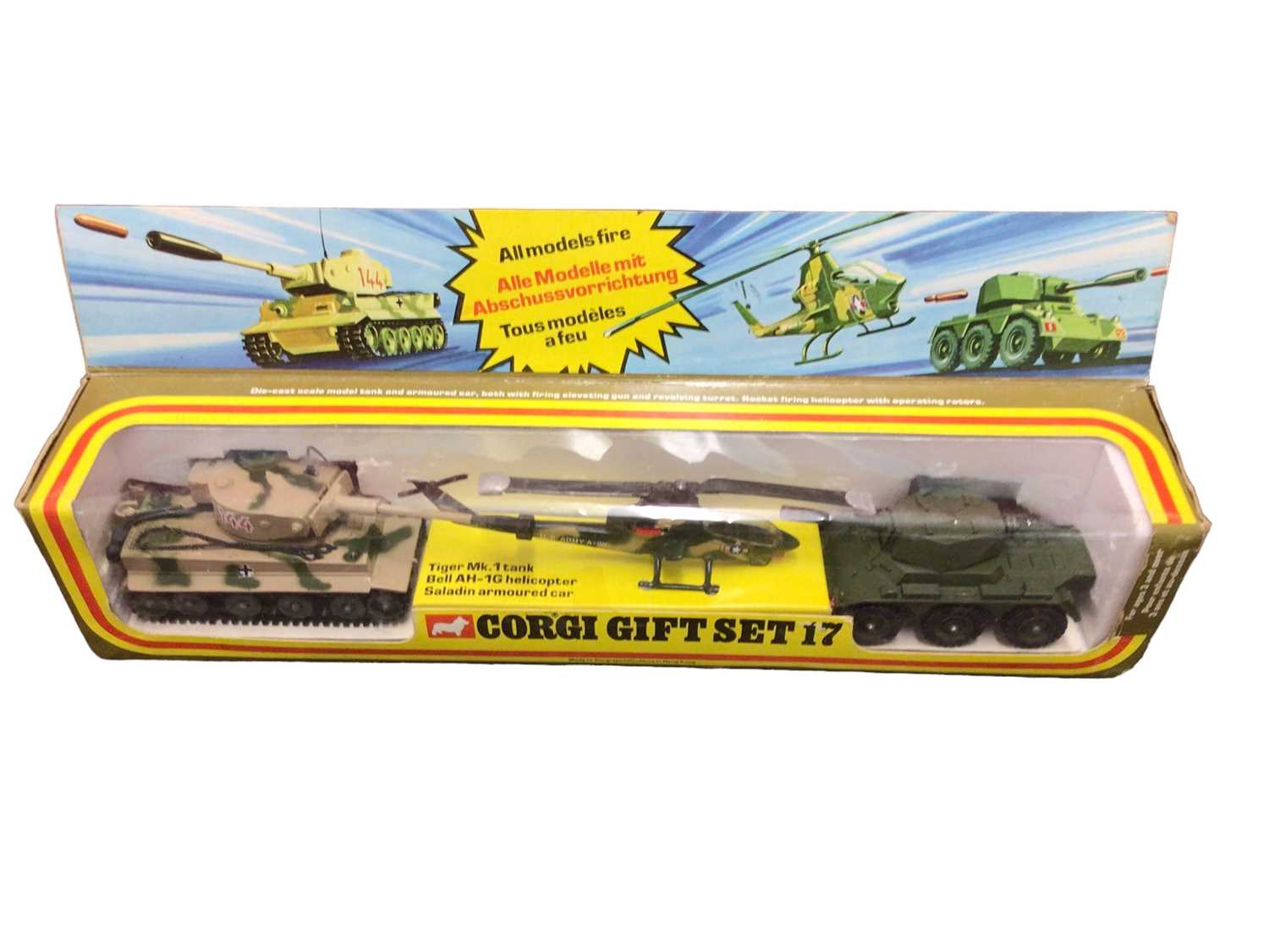 Lot 197 - Corgi diecast Military Models Gift Set 17 Tiger Mk1 Tank, Bell AH-1G Helicopter & Saladin, Gift Set 10 Tank Transporter & Centurion Mk111 Tank, Quad Tractor with ammo trailer & field gun No.909, Ch...