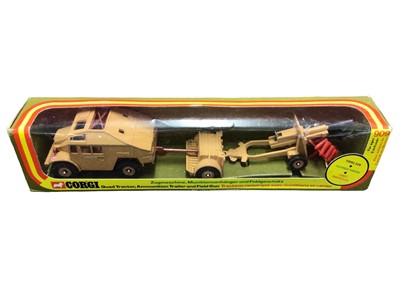 Lot 197 - Corgi diecast Military Models Gift Set 17 Tiger Mk1 Tank, Bell AH-1G Helicopter & Saladin, Gift Set 10 Tank Transporter & Centurion Mk111 Tank, Quad Tractor with ammo trailer & field gun No.909, Ch...