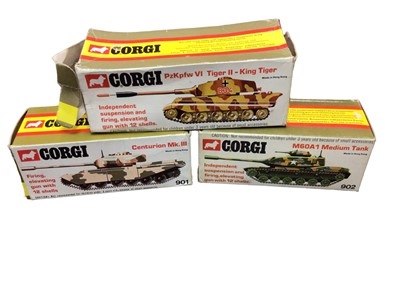 Lot 197 - Corgi diecast Military Models Gift Set 17 Tiger Mk1 Tank, Bell AH-1G Helicopter & Saladin, Gift Set 10 Tank Transporter & Centurion Mk111 Tank, Quad Tractor with ammo trailer & field gun No.909, Ch...