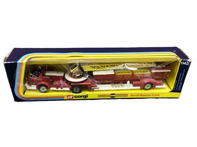 Lot 198 - Corgi die cast Aerial Resue Truck No.1143, Gift Set 15 Land-Rover with horse box, Gift Set 19 Land-Rover, Nipper Aircraft & Trailer, Crawler Loader No.1110, Ford Transit Milt Float No.405, plus oth...