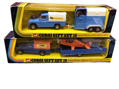 Lot 198 - Corgi die cast Aerial Resue Truck No.1143, Gift Set 15 Land-Rover with horse box, Gift Set 19 Land-Rover, Nipper Aircraft & Trailer, Crawler Loader No.1110, Ford Transit Milt Float No.405, plus oth...