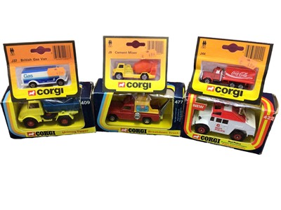 Lot 198 - Corgi die cast Aerial Resue Truck No.1143, Gift Set 15 Land-Rover with horse box, Gift Set 19 Land-Rover, Nipper Aircraft & Trailer, Crawler Loader No.1110, Ford Transit Milt Float No.405, plus oth...