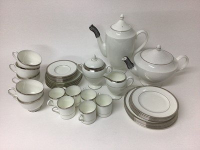 Lot 37 - Wedgwood Carlyn pattern silver-banded tea and coffee set, comprising teapot, coffee pot, sugar pot, cream jug, six side plates, five smaller side plates, five tea cups and six saucers, six coffee c...