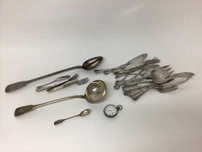 Lot 1002 - Silver fiddle-pattern sauce ladle, London 1820, a Georgian silver teaspoon, silver-cased pocket watch, group of Christofle silver plated fish cutlery, and other silver plate