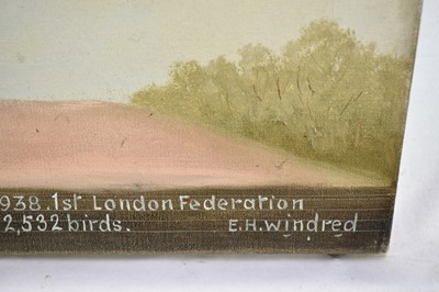 Lot 1293 - *Edward Henry Windred (1875-1953) oil on canvas - a Racing Pigeon, titled ''Young Bob'' NURP38WHC 83 owner C. Tossell. Walworth H.S. 1938. 1st London Federation Seaton Young bird race Velocity 1280...