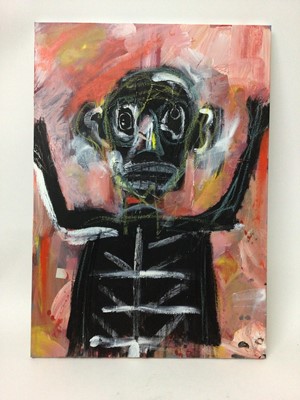 Lot 36 - Peter McCarthy (contemporary) after Jean Michel Basquiat, mixed media on canvas of an abstract figure, titled 'Anguish'