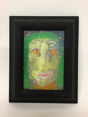 Lot 46 - Peter McCarthy (contemporary) oil on board of a figure with green hair and orange eyes, titled verso 'Green Day', in black finished wooden frame, 26cm x 20cm