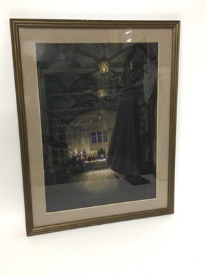 Lot 21 - John D Aitchison, watercolour illustration of a tall wizard figure appearing before a seated committee of other witch and wizard figures all in a dimly lit hall, signed lower left and dated 1956, f...