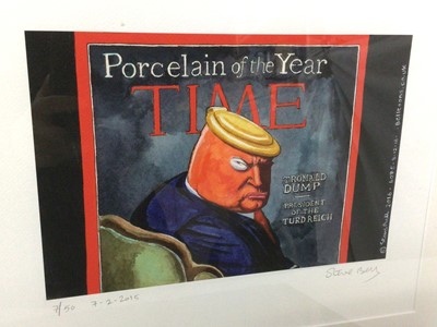 Lot 56 - Steve Bell, cartoon caricature of Donald Trump, limited edition 7/50, signed and numbered in pencil, together with Steve Bell caricature post card of currency NO TAX pound note dated 1992