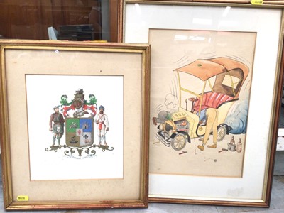 Lot 410 - Victorian armorial watercolour in glazed frame and veteran car cartoon (2)