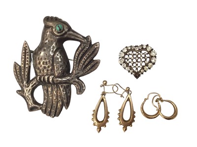 Lot 1095 - Two pairs 9ct gold earrings, paste set heart buckle and a Mexican silver bird brooch