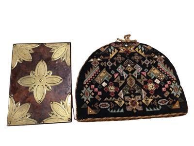 Lot 411 - Victorian brass mounted walnut desk blotter and beadwork tea cosy