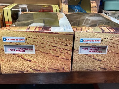Lot 226 - Lone Star Farmers Boy Series including Tractot & Hay Cart No.1702 (x2), Tractor & Mobile Irrigator No.1721, Tractor & Dozer Excavator No.1724, Tractor & Tipper Hay Truck No.1725, Disc Harrow No.171...