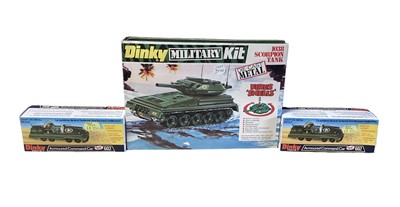 Lot 232 - Dinky Military including Armoured Command Car No.602 (x2), Scorpion Tank Kit No.1038, boxed & loose Leopard Tank, SEPECAT Jaguar, MRCA & Phantom II F-4K aircraft (7)