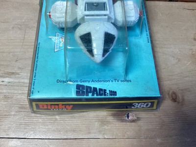 Lot 228 - Dinky Space 1999 Eagle Fighter In blister pack and base No.360, UFO Interceptor (rocket missing) & Lunar Roving vehicle Kit No.1027, all boxed (3)