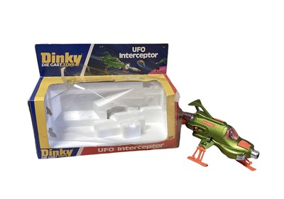 Lot 228 - Dinky Space 1999 Eagle Fighter In blister pack and base No.360, UFO Interceptor (rocket missing) & Lunar Roving vehicle Kit No.1027, all boxed (3)