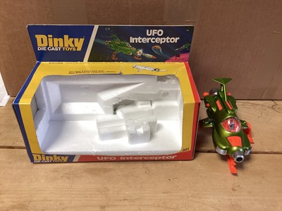 Lot 228 - Dinky Space 1999 Eagle Fighter In blister pack and base No.360, UFO Interceptor (rocket missing) & Lunar Roving vehicle Kit No.1027, all boxed (3)