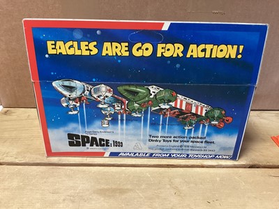 Lot 228 - Dinky Space 1999 Eagle Fighter In blister pack and base No.360, UFO Interceptor (rocket missing) & Lunar Roving vehicle Kit No.1027, all boxed (3)