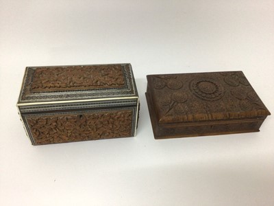 Lot 38 - Indian Vizagapatam inlaid sandalwood stationery box, 23cm wide, together with another carved Indian box, 26cm wide