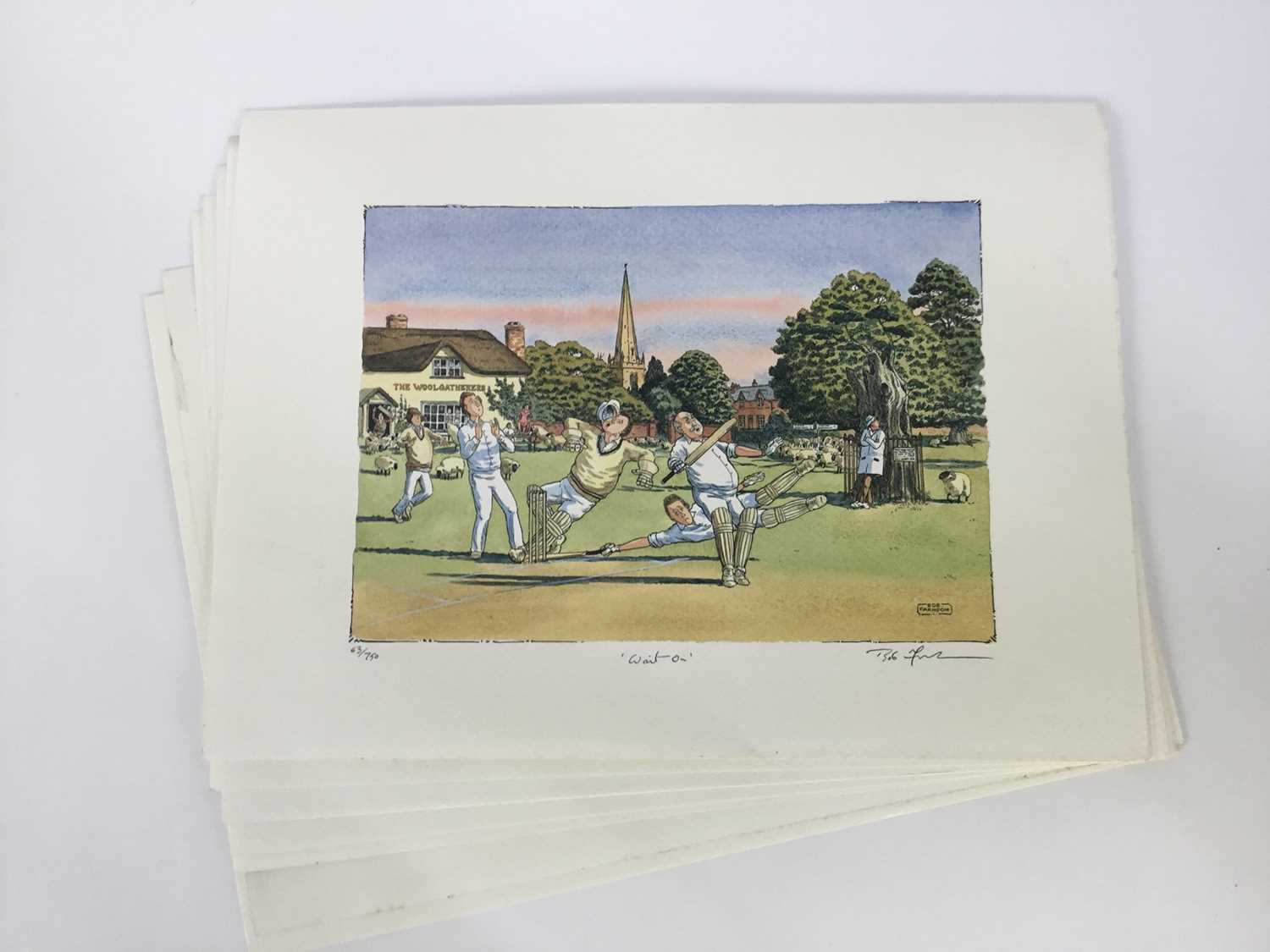 Lot 651 - Bob Farndon (20th century) collection of hand coloured prints on a cricket theme, each signed titled and numbered, including various duplicates (approximately 30) total size 31 x 43cm