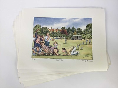 Lot 651 - Bob Farndon (20th century) collection of hand coloured prints on a cricket theme, each signed titled and numbered, including various duplicates (approximately 30) total size 31 x 43cm