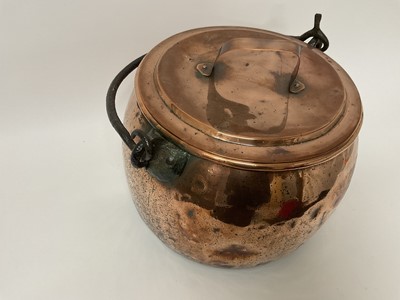 Lot 93 - Large Victorian copper cauldron with forged iron handle