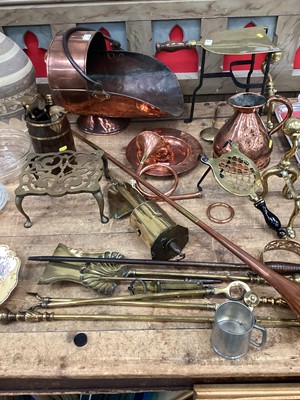 Lot 42 - Collection of mostly antique copper and brassware, including trivets, fire tools, coal bucket, etc