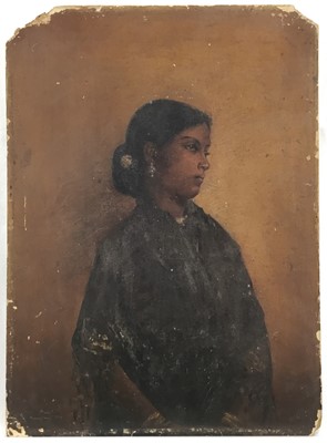 Lot 30 - Interesting portrait of a woman, oil on board, possibly Indian, remains of label and inscription verso