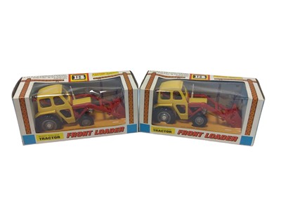 Lot 246 - Britains Massey Ferguson Front Loader Tractor No.9572 (x2), Dump Truck (two colours) No.9670(x2) & Tractor Lorry No.9569, boxed (5)