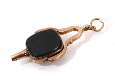 Lot 821 - Victorian 9ct rose gold and agate combination watch key and fob, Chester 1898.