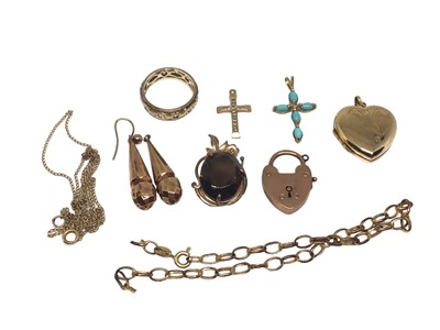 Lot 288 - Group of 9ct gold jewellery to include a heart shaped locket, turquoise and diamond cross pendant, 9ct gold and diamond cross pendant, padlock clasp, eternity ring, smokey quartz pendant, bracelet...