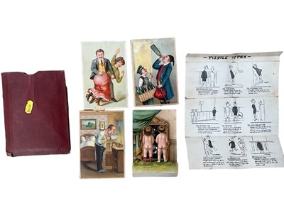 Lot 1420 - Four unusual saucy novelty mechanical postcards plus canvas backed cartoon