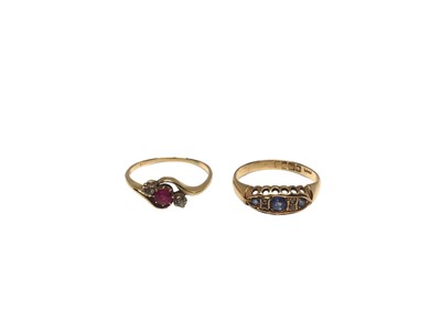 Lot 291 - Victorian 18ct gold sapphire and diamond ring, together with a ruby and diamond three stone ring (2)