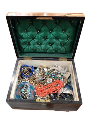 Lot 1014 - Victorian walnut sewing box containing lot costume jewellery and bijouterie