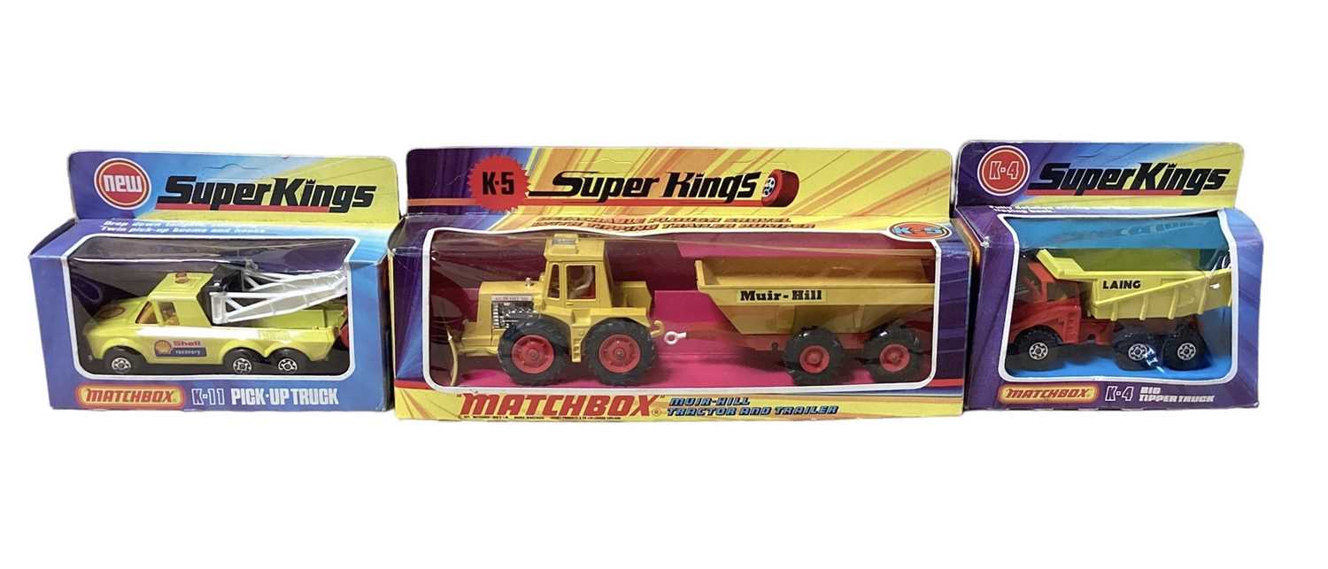 Lot 261 - Matchbox Super Kings Muir Hill Tractor & Trailer K-5, Peterbilt Tipper Truck K105, Bedford Skip Truck K-28, Pick-Up Truck K-11, Big Tipper truck K-4 & Breakdown Truck K-14, all boxed (6)